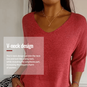 Chroma Chic™ Top de Punto con Cuello en V de Color Sólido