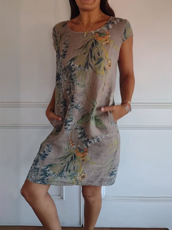 FloraFijn™ – Vestido de Mujer de Algodón y Lino con Cuello Redondo y Estampado