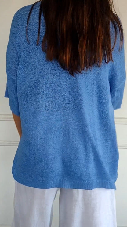 Chroma Chic™ Top de Punto con Cuello en V de Color Sólido