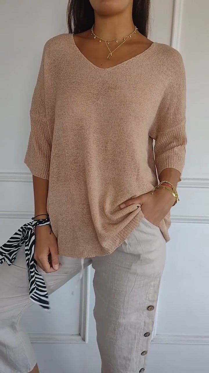Chroma Chic™ Top de Punto con Cuello en V de Color Sólido