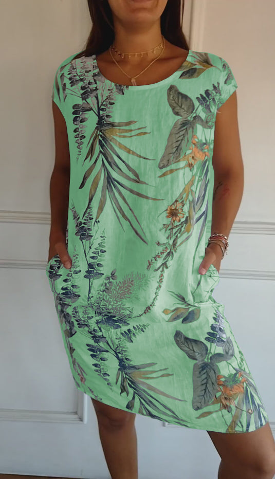 FloraFijn™ – Vestido de Mujer de Algodón y Lino con Cuello Redondo y Estampado