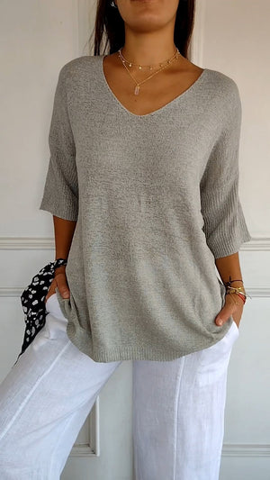 Chroma Chic™ Top de Punto con Cuello en V de Color Sólido