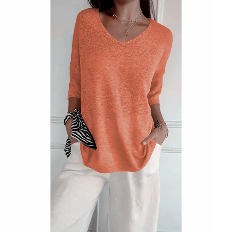 Chroma Chic™ Top de Punto con Cuello en V de Color Sólido