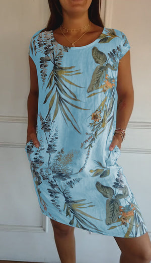 FloraFijn™ – Vestido de Mujer de Algodón y Lino con Cuello Redondo y Estampado