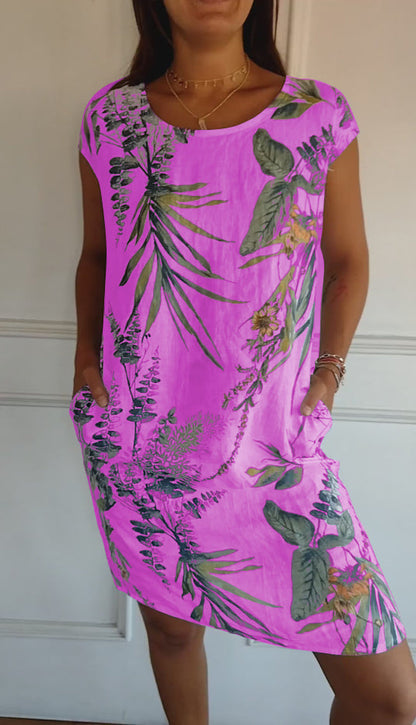 FloraFijn™ – Vestido de Mujer de Algodón y Lino con Cuello Redondo y Estampado