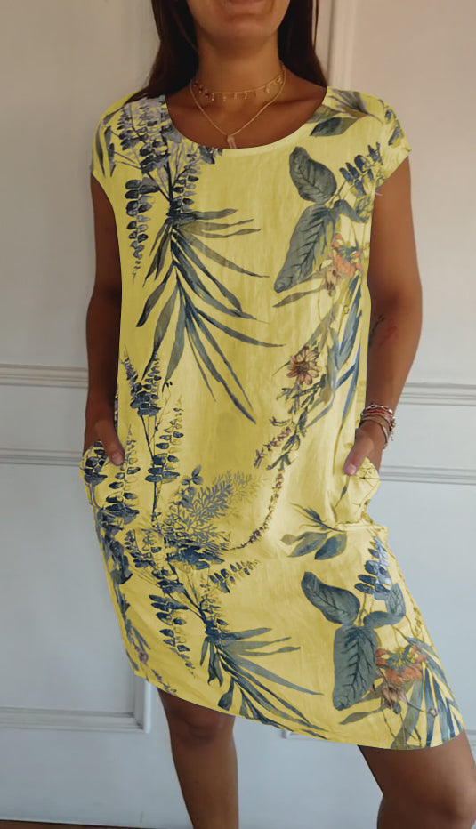 FloraFijn™ – Vestido de Mujer de Algodón y Lino con Cuello Redondo y Estampado