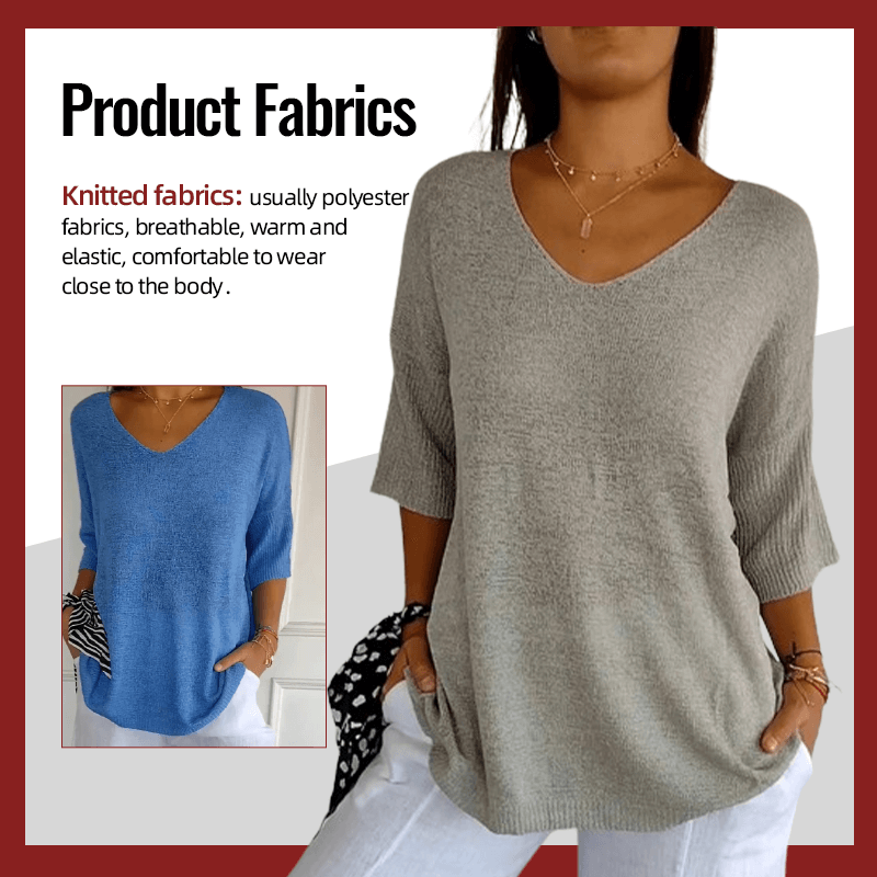 Chroma Chic™ Top de Punto con Cuello en V de Color Sólido