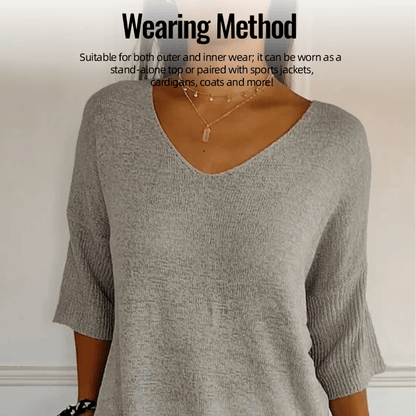 Chroma Chic™ Top de Punto con Cuello en V de Color Sólido