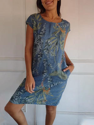 FloraFijn™ – Vestido de Mujer de Algodón y Lino con Cuello Redondo y Estampado