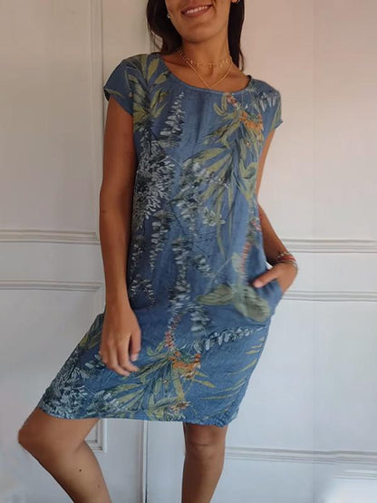 FloraFijn™ – Vestido de Mujer de Algodón y Lino con Cuello Redondo y Estampado