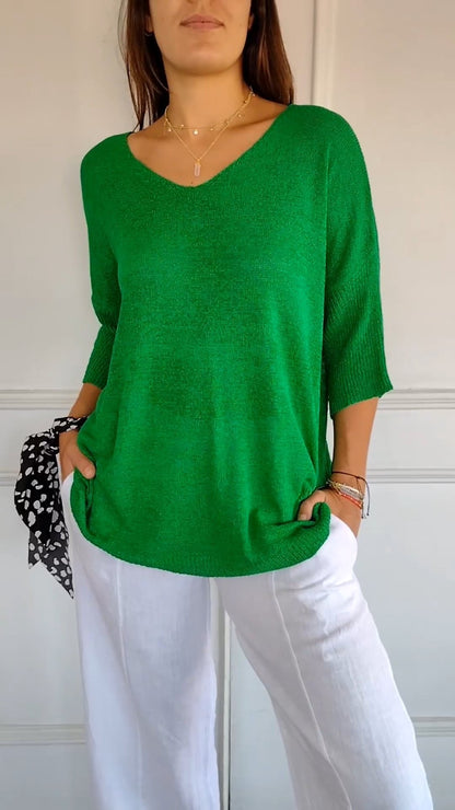 Chroma Chic™ Top de Punto con Cuello en V de Color Sólido