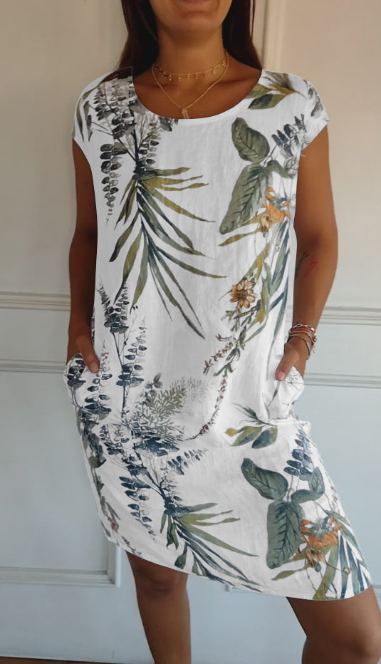 FloraFijn™ – Vestido de Mujer de Algodón y Lino con Cuello Redondo y Estampado