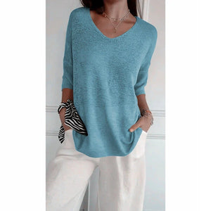 Chroma Chic™ Top de Punto con Cuello en V de Color Sólido