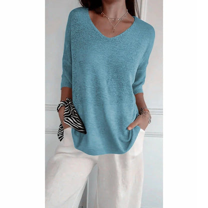 Chroma Chic™ Top de Punto con Cuello en V de Color Sólido
