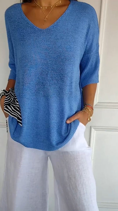 Chroma Chic™ Top de Punto con Cuello en V de Color Sólido