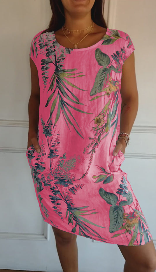 FloraFijn™ – Vestido de Mujer de Algodón y Lino con Cuello Redondo y Estampado