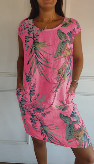 FloraFijn™ – Vestido de Mujer de Algodón y Lino con Cuello Redondo y Estampado