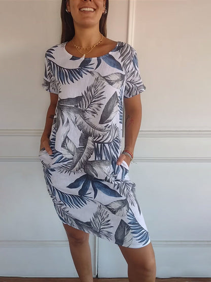 FloraFijn™ – Vestido de Mujer de Algodón y Lino con Cuello Redondo y Estampado